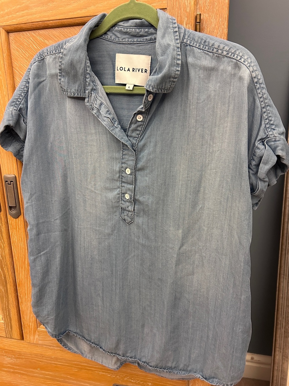 Lola River Light Blue Denim-Style Button Henley Blouse